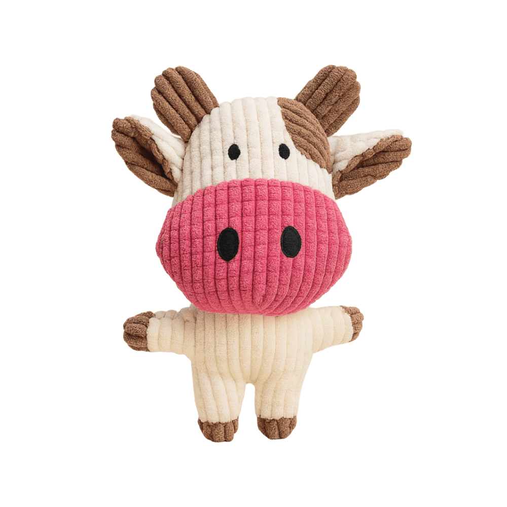 Brinquedo de pelúcia para cães vaca branca com nariz rosa e apito